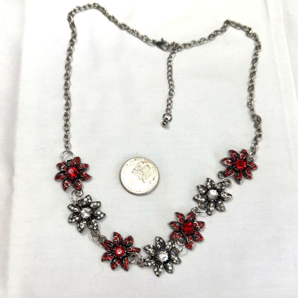 Red Silver Floral Crystal Statement Necklace OS
